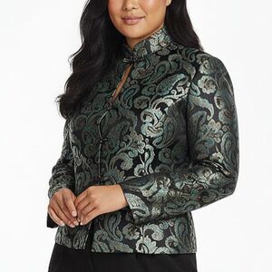 Dressbarn Teal Black Gold Jacquard Chinese Cheongsam Jacket Mandarin Collar Sz M